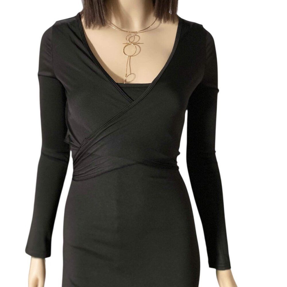 Black Long Sleeve V Neck Waist Wrap Top - NEW